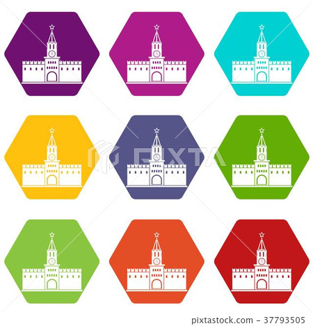 Russian kremlin icon set color hexahedron Russian kremlin icon set color hexahedron 37793505
