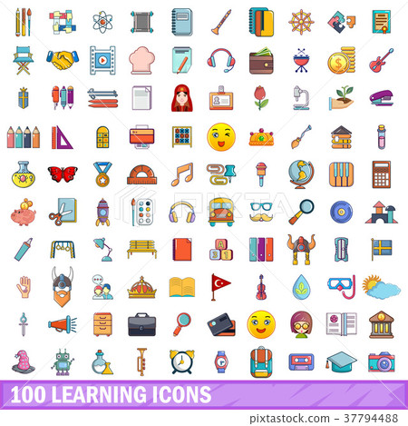 100 learning icons set, cartoon style 37794488