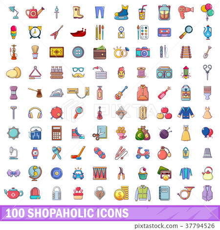 100 shopaholic icons set, cartoon style 100 shopaholic icons set, cartoon style 37794526