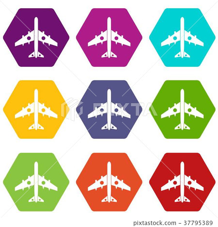 Military fighter plane icon set color hexahedron Military fighter plane icon set color hexahedron 37795389
