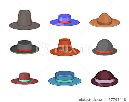 Porkpie hat icon set, cartoon style Porkpie hat icon set, cartoon style 37795448
