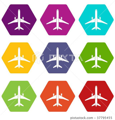 Plane icon set color hexahedron 37795455