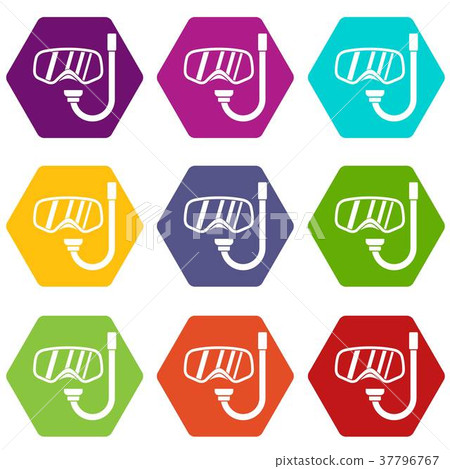 Goggles and tube for diving icon set color hexahedron Goggles and tube for diving icon set color hexahedron 37796767