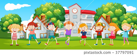 Happy children at school scene - Stock Illustration [37797091] - PIXTA