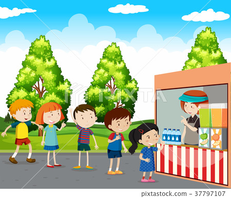 Children buying drinks in park Children buying drinks in park 37797107