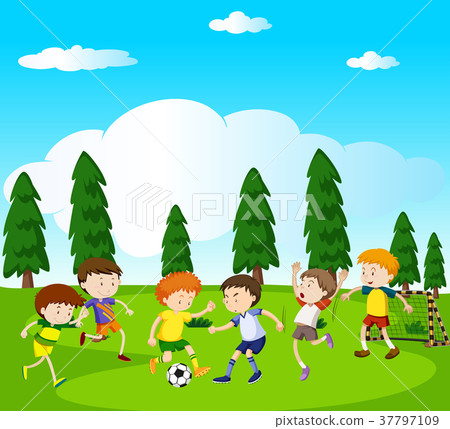 Boys playing soccer in park Boys playing soccer in park 37797109