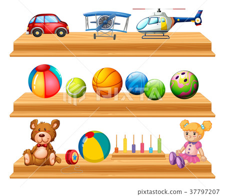 Different types of balls and toys on shelves Different types of balls and toys on shelves 37797207