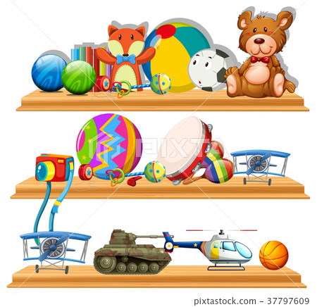 Different types of toys on wooden shelves Different types of toys on wooden shelves 37797609