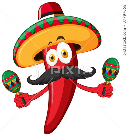 Red chili wearing hat and shaking maracas - Stock Illustration ...