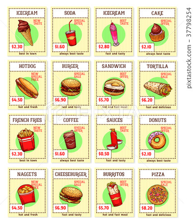 Vector fast food snacks sketch menu price cards 37798254