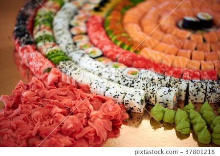 Set of tasty sushi rolls in the restaurant 37801218