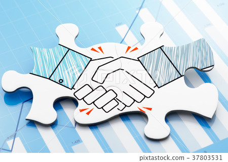 Jigsaw puzzle with illustrations to shake hands. Blue graph background. Jigsaw puzzle with illustrations to shake hands. Blue graph background. 37803531