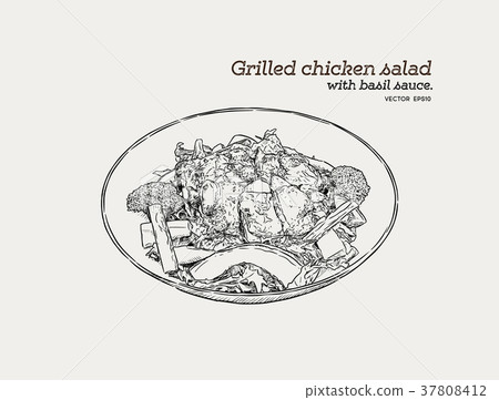 Grilled chicken salad with pesto sauce.  37808412