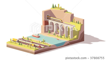 Vector low poly highway near river and railroad Vector low poly highway near river and railroad 37808755