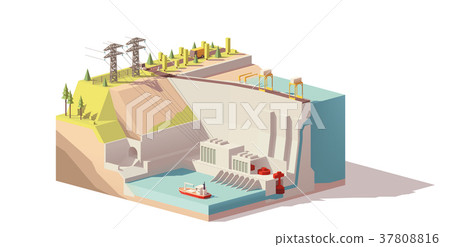 Vector low poly hydroelectric power station 37808816