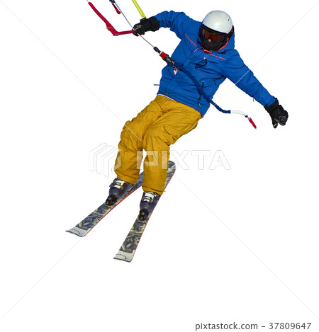 A sportsman practicing snow kiting jumping 37809647