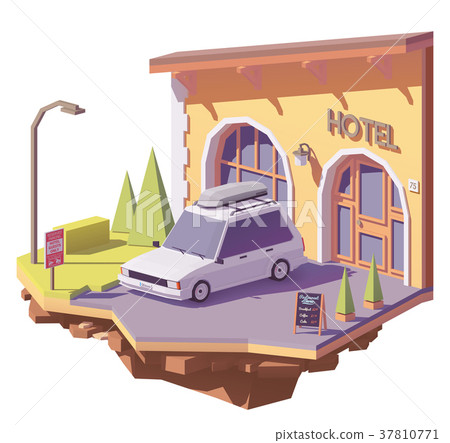 Vector low poly car and hotel 37810771
