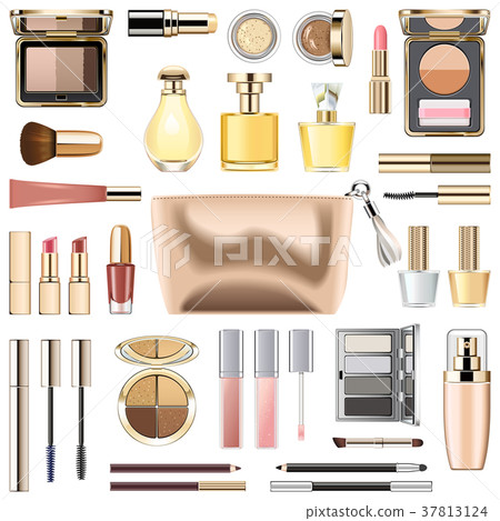Vector Makeup Cosmetics with Golden Cosmetic Bag 37813124
