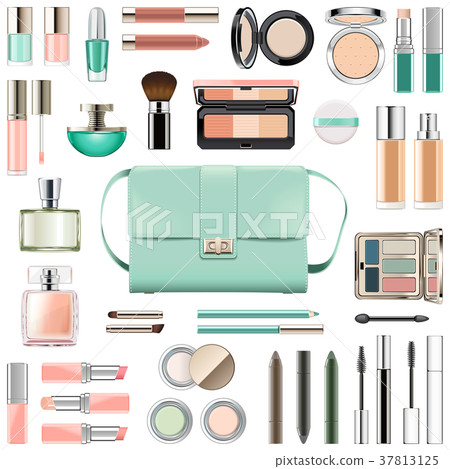 Vector Makeup Cosmetics with Mint Green Handbag Vector Makeup Cosmetics with Mint Green Handbag 37813125
