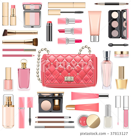 Vector Makeup Cosmetics with Pink Handbag 37813127