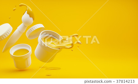 Yellow paint with splashes and art brush Yellow paint with splashes and art brush 37814213