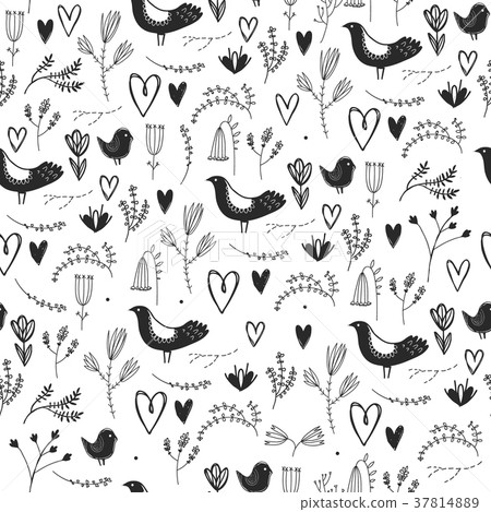 Vector seamless floral romantic pattern with birds - Stock Illustration ...