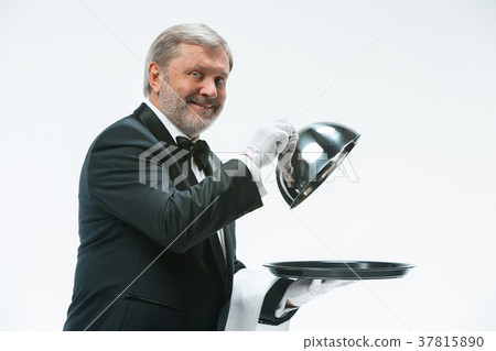 The waiter with tray and metal cloche lid cover The waiter with tray and metal cloche lid cover 37815890