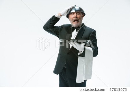 The waiter with tray and metal cloche lid cover The waiter with tray and metal cloche lid cover 37815973