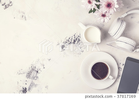 Breakfast - coffee, tephon, headphones. 37817169