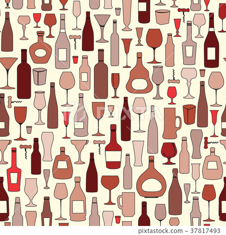 Bottle, wine glass tile pattern. Drink background 37817493