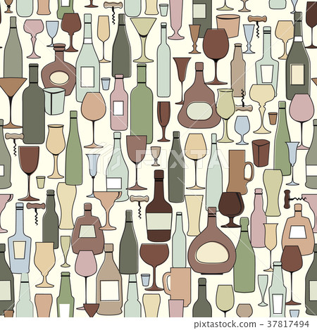 Bottle, wine glass tile pattern. Drink background Bottle, wine glass tile pattern. Drink background 37817494