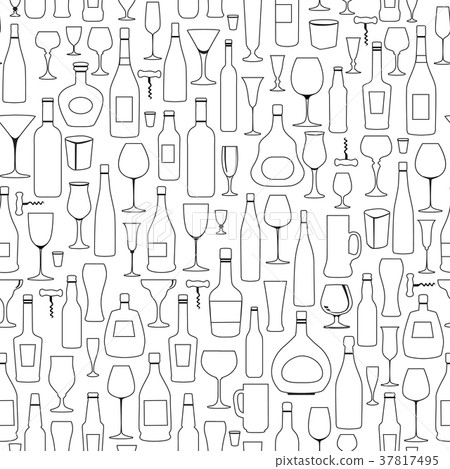 Bottle, wine glass tile pattern. Drink background Bottle, wine glass tile pattern. Drink background 37817495