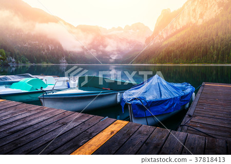 Fantastic morning on mountain lake Gosausee Fantastic morning on mountain lake Gosausee 37818413
