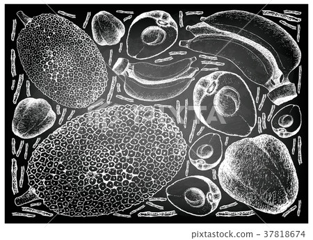 Pomerac, Jackfruit and Banana on Chalkboard Pomerac, Jackfruit and Banana on Chalkboard 37818674