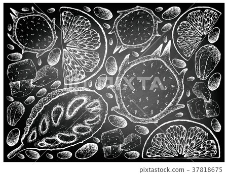 Jackfruit, Dragon Fruit Grapefruit on Chalkboard 37818675