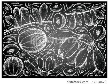 Hand Drawn Fresh Fruits on Chalkboard Background Hand Drawn Fresh Fruits on Chalkboard Background 37818679