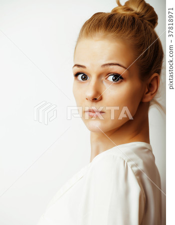 young blond woman on white backgroung gesture young blond woman on white backgroung gesture 37818971
