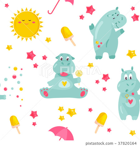 Bright pattern with funny hippos and smiling sun. 37820164