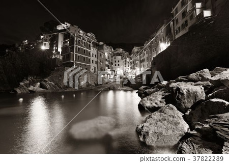 Riomaggiore waterfront black and white night 37822289