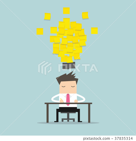 Businessman with stick note light bulb idea. 37835314