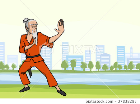 Old man practicing kung fu or wushu in city park Old man practicing kung fu or wushu in city park 37838283