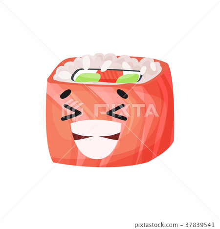 Cute laughing sushi character with salmon, roll Cute laughing sushi character with salmon, roll 37839541