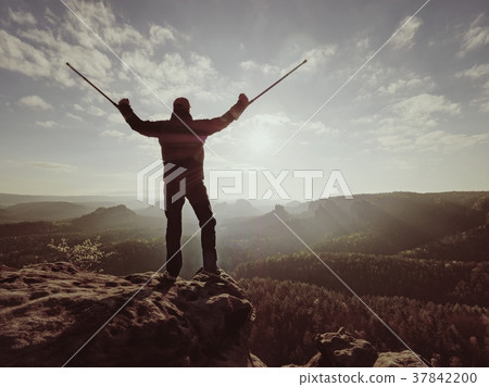 Hiker with crutch above head achieved own peak 37842200