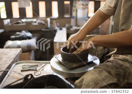 potter shaping soft clay to make an earthen pot potter shaping soft clay to make an earthen pot 37842352