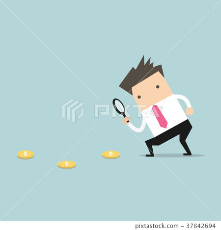 Businessman with magnifying glass follow coin. 37842694