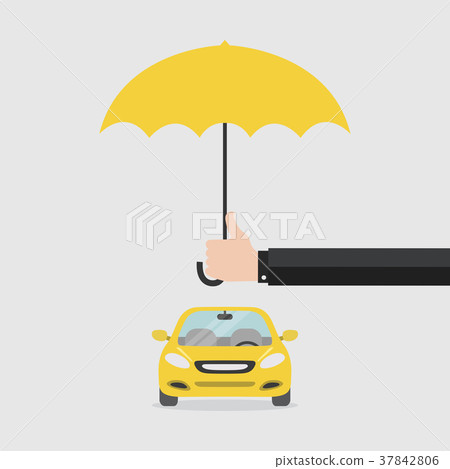 Hand insurer with an umbrella protects the car. Hand insurer with an umbrella protects the car. 37842806