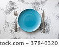 Blue Plate on white wooden background  37846320