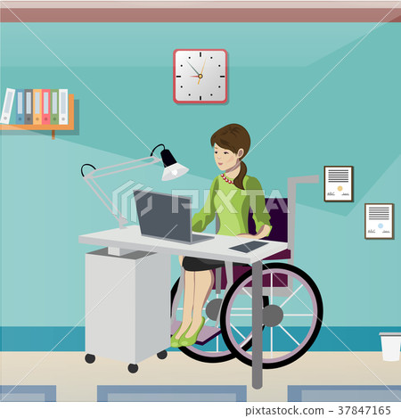 Disabled young woman in wheelchair working in 37847165