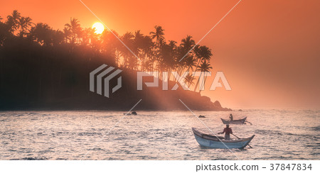 Tropical beach on sunset with palm and sea Tropical beach on sunset with palm and sea 37847834