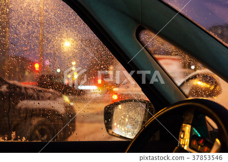 driving in night snowfall in Moscow city 37853546